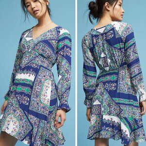 Anthropologie Maeve Blue Patchwork Long Sleeve Monaco Dress - 35744